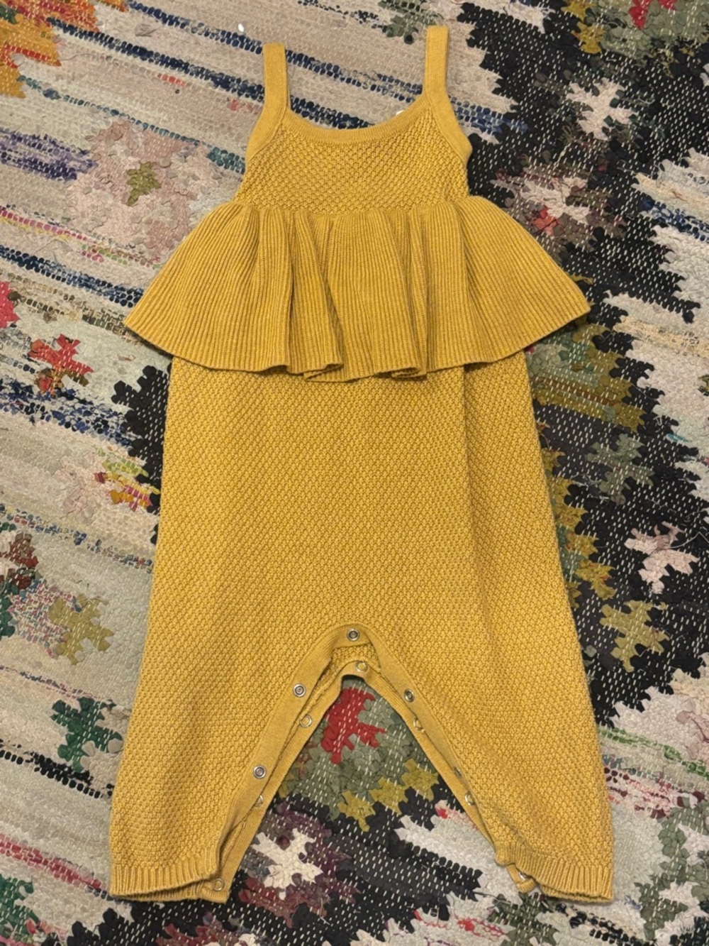 Kate Quinn 6-12 mo Organic Mustard Yellow Knit Baby Romper with Ruffle
